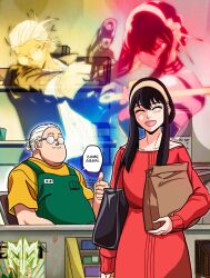 1boy 1girl assassin glasses groceries long_hair pistol sakamoto_days sakamoto_taro spy_x_family weapon yor_briar