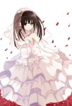  1girl bai_kongque bare_shoulders black_hair breasts cleavage clock_eyed date_a_live dress elbow_gloves gloves hair_over_one_eye heterochromia jewelry light_smile looking_at_viewer necklace petals red_eyes rose_petals smile solo tokisaki_kurumi twintails wedding_dress white_background white_gloves yellow_eyes 