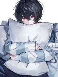  1boy black_hair black_pants blue_pajamas blue_shirt blue_sweater commentary_request ensemble_stars! hair_between_eyes hamkoong highres holding holding_pillow korean_commentary looking_at_viewer male_focus pajamas pants pillow pout red_eyes sakuma_ritsu shirt simple_background solo striped_clothes striped_sweater sweater upper_body white_background 