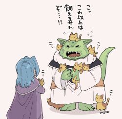  animal animal_on_head animal_on_shoulder artist_name blue_hair cat cat_on_head cat_on_shoulder chrono_trigger collar commentary flying_sweatdrops furrowed_brow green_skirt highres holding holding_animal holding_cat janus_zeal male_focus medium_hair mekyo on_head open_mouth ozzie_(chrono_trigger) parted_bangs purple_robe robe sharp_teeth skirt sweatdrop symbol-only_commentary tail teeth too_many too_many_cats white_background white_collar white_robe 