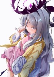  1girl absurdres ahoge black_halo blue_archive breasts demon_girl demon_horns demon_wings halo highres hina_(blue_archive) hina_(pajamas)_(blue_archive) horns jacket long_hair looking_at_viewer low_wings pajamas pillow pink_pajamas polka_dot polka_dot_pajamas simple_background small_breasts solo user_pnae7233 very_long_hair violet_eyes white_background white_hair wings yellow_jacket 