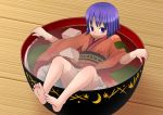  1girl barefoot blush bowl feet iromeki_overdrive japanese_clothes kimono minigirl purple_hair short_hair solo sukuna_shinmyoumaru touhou violet_eyes 
