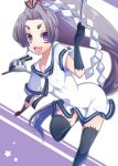  1girl eyebrows fan folding_fan gloves hair_ribbon hatsuharu_(kantai_collection) kantai_collection long_hair looking_at_viewer open_mouth personification ponytail purple_hair ribbon sailor_dress short_eyebrows smile solo thick_eyebrows thighhighs utani_(punishment) very_long_hair violet_eyes 