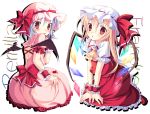  2girls :o ascot bat_wings character_name dress flandre_scarlet frilled_dress frilled_skirt frills full_body hat hat_ribbon looking_back mini_wings moi_(licoco) multiple_girls pink_dress red_eyes remilia_scarlet ribbon short_hair siblings sisters sitting skirt skirt_set touhou v_arms wariza white_background wings wrist_cuffs 