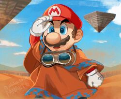  1boy big_nose blue_eyes brown_hair brown_robe desert facial_hair floating floating_object gloves goggles hat highres mario mustache official_alternate_costume pyramid_(structure) red_hat red_shirt robe sasaki_sakiko shirt solo super_mario_bros. the_super_mario_galaxy_movie white_gloves 