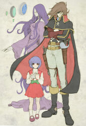 1980s_(style) 1boy 2girls alien belt black_boots boots crossed_arms dress energy_sword gun harlock harlock_saga holding_ocarina instrument matsumoto_leiji_(style) miime multiple_girls ocarina ooyama_mayu pirate pirate_costume purple_dress purple_hair retro_artstyle ribbon scar scar_on_face school_uniform skull skull_and_crossbones spacecraft sword tabe_koji uchuu_kaizoku_captain_harlock weapon window