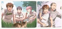  4boys absurdres ace_of_diamond amahisa_kousei arm_around_shoulder black_hair brown_hair cat closed_eyes furuya_satoru hair_between_eyes highres index_finger_raised kominato_haruichi looking_at_animal looking_at_another male_focus multiple_boys multiple_views one_eye_closed open_mouth pink_hair sato_(sato_1_11) sawamura_eijun shaved_head squatting teeth v-shaped_eyebrows 