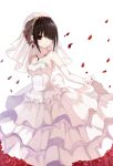  1girl bai_kongque bare_shoulders black_hair breasts cleavage date_a_live dress elbow_gloves gloves hair_over_one_eye heterochromia jewelry light_smile looking_at_viewer necklace petals red_eyes rose_petals smile solo tokisaki_kurumi wedding_dress white_background white_gloves yellow_eyes 