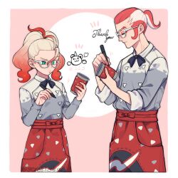  1boy 1girl absurdres apron black_bow black_bowtie blonde_hair bow bowtie closed_eyes cowboy_shot cowlick cup disposable_coffee_cup disposable_cup gerokizoku glasses gradient_hair green_eyes grey_shirt griselle_(pokemon) grisham_(pokemon) hair_pulled_back highres holding holding_marker marker multicolored_hair orange_apron orange_hair pokemon pokemon_legends:_z-a ponytail raised_eyebrow shirt short_ponytail split_ponytail thank_you thick_eyebrows two-tone_hair waist_apron wavy_hair white-framed_eyewear writing 