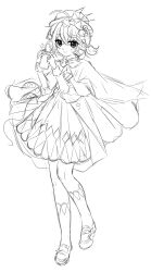  ._(kusvekoxa) 1girl absurdres ahoge bird_hair_ornament bow bowtie cape coat dress envelope flutterpage flutterpage_(gently_comes_the_thawing_breeze) full_body greyscale hair_ornament hands_up hat highres holding holding_envelope kneehighs loafers looking_at_viewer monochrome official_alternate_costume reverse:1999 shoes short_dress short_twintails sketch socks solo standing twintails 