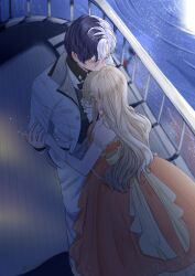  1boy 1girl absurdres alternate_hair_length alternate_hairstyle aoyagi_touya aozora_ni_negau_your_happiness!_(project_sekai) azusawa_kohane blazer closed_eyes closed_mouth collared_shirt dress flower from_above gloves hair_down hand_up hetero highres jacket junpaku_no_anata_e_chikai_no_uta_wo!_(project_sekai) lapels long_hair long_sleeves notched_lapels official_alternate_costume official_alternate_hairstyle open_clothes open_jacket orange_dress pants project_sekai shirt short_hair siamo water whip_the_wimp_girl!!_(project_sekai) white_pants 