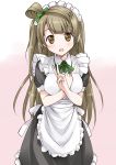  1girl blush bow breasts brown_eyes brown_hair hair_bow highres long_hair love_live!_school_idol_project maid maid_headdress minami_kotori mousou_(mousou_temporary) open_mouth smile solo v 
