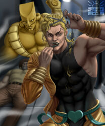  1other 2019 2boys absurdres applying_lipstick applying_makeup black_nails blonde_hair bracelet brown_hat brown_pants commentary cosmetics covered_abs crazy_eyes crazy_smile cutting_hair cutting_own_hair dio_brando english_commentary fangs green_lips hat highres holding holding_scissors jacket jacket_partially_removed jewelry jojo_no_kimyou_na_bouken joseph_joestar joseph_joestar_(old) lamppost lipstick_tube lying magenta_sunrise male_focus multiple_boys muscular muscular_male on_back pants red_eyes scissors severed_hair sleeveless sleeveless_turtleneck smile stardust_crusaders the_world turtleneck veins watermark yellow_jacket yellow_pants 