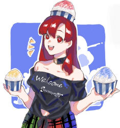  1girl bare_shoulders black_choker black_shirt blue_skirt bowl choker clothes_writing collarbone food hecatia_lapislazuli holding holding_bowl long_hair no_bra oftooon open_mouth plaid_clothes plaid_skirt red_eyes red_hair red_skirt shaved_ice shirt skirt smile smug solo teeth tied_shirt touhou two-tone_skirt upper_teeth_only 