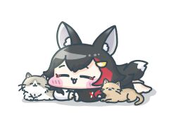  1girl :3 animal animal_ear_fluff animal_ears barefoot black_hair blush_stickers cat chibi chibi_only closed_eyes commentary_request from_side hair_ornament highres hololive isapi_(sslm_pipipi) lying on_floor on_stomach ookami_mio ookami_mio_(1st_costume) smile solo tail virtual_youtuber white_background wolf_ears wolf_girl wolf_tail 