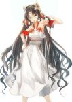  1girl absurdres al-qalam amaterasu_(mythology) bare_shoulders black_hair breasts cleavage dress hair_bun hair_ornament hand_on_hip highres japanese_mythology long_hair original simple_background solo very_long_hair white_background white_dress 