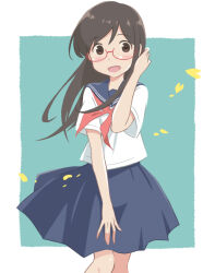  1girl :d adjusting_hair aikawa_(hira1126) blue_background blue_sailor_collar blue_skirt blush border brown_eyes brown_hair commentary_request falling_leaves feet_out_of_frame floating_clothes glasses hand_up leaf long_hair looking_at_viewer neckerchief open_mouth original pleated_skirt red-framed_eyewear red_neckerchief sailor_collar shirt sidelocks skirt smile solo standing white_border white_shirt wind 