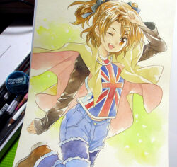  1girl agahari arm_above_head arm_up black_bow black_sleeves blue_pants bow brown_shoes cape commentary_request cowboy_shot denim fang fur-trimmed_pants fur_trim hair_bow hair_ornament hairclip jeans leg_up long_sleeves midriff_peek one_eye_closed open_mouth painting_(medium) pants parallel_hairclips photo_(medium) print_shirt shirt shoes short_twintails sister_princess sleeves_past_wrists smile solo standing standing_on_one_leg teeth traditional_media twintails union_jack_print upper_teeth_only w yellow_cape yotsuba_(sister_princess) 