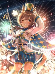  1girl aerial_fireworks animal_ears aqua_cape aqua_shorts band_uniform blush boots brown_eyes brown_hair cape fireworks gloves hair_between_eyes hat highres horse_ears horse_girl horse_tail jacket long_hair looking_at_viewer marching_band marching_band_baton medium_hair murasaki_himuro night night_sky official_alternate_costume one_eye_closed open_mouth ponytail shako_cap shorts sky smart_falcon_(luminous_twirler)_(umamusume) smart_falcon_(umamusume) smile solo star_(symbol) tail teeth thigh_boots umamusume whistle whistle_around_neck white_gloves white_jacket 
