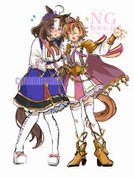  2girls @_@ ahoge animal_ears armor bag between_breasts blue_dress blush boots breasts brown_hair cape closed_eyes crown double-parted_bangs dress ear_ornament ear_piercing ear_ribbon gloves gold_boots gold_corset hair_between_eyes hairband headband highres horse_ears horse_girl horse_tail jewelry large_breasts long_sleeves medium_hair meisho_doto_(turbulent_blue)_(umamusume) meisho_doto_(umamusume) mini_crown multicolored_hair multiple_girls multiple_rings open_mouth orange_hair orange_tail pantyhose piercing pink_cape pink_crown pink_hairband pink_headband ring roroko_momo shirt shoes short_hair shoulder_armor shoulder_bag skirt smile star_(symbol) strap_between_breasts t.m._opera_o_(o_sole_suo!)_(umamusume) t.m._opera_o_(umamusume) tail thigh-highs two-tone_hair two-tone_skirt umamusume violet_eyes white_gloves white_hair white_pantyhose white_shirt white_thighhighs 