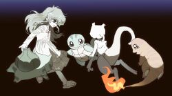  1girl ambertwo_(pokemon) blue_eyes bright_pupils bulbasaurtwo charmandertwo claws closed_mouth fire flame-tipped_tail floating full_body goguma_wagamja gradient_background highres long_hair long_sleeves mewtwo pale_skin pokemon pokemon:_the_first_movie_-_mewtwo_strikes_back pokemon_(anime) pokemon_(classic_anime) sandals squirtletwo tail white_pupils 