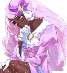  1girl commentary dark-skinned_female dark_skin dress fascinator fishnet_pantyhose fishnets frills gloves hand_up head_tilt highres jacinthe_(pokemon) jewelry long_hair low_drills pantyhose pokemon pokemon_legends:_z-a pon_(ponymmtknsk) puffy_sleeves purple_dress purple_hair smile sparkle sparkling_eyes symbol-only_commentary very_dark_skin white_background white_gloves 