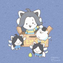  :3 ahoge annoying_dog black_hair black_hat blue_background blue_shirt box cardboard_box closed_mouth commentary dog egg english_commentary grey_hair hat in_box in_container mian_(user_kwcj2833) mortarboard open_mouth shirt signature smile solid_circle_eyes sweat temmie undertale utdr_(toby_fox) 