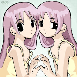  2girls anime_coloring aqua_background archived_source artist_name black_eyes camisole closed_mouth dithering expressionless fewer_digits jaggy_lines jang_sun-yeong long_hair looking_to_the_side lowres multiple_girls oekaki original parted_bangs pastel_colors purple_hair sidelocks simple_background spaghetti_strap straight_hair strap_slip thick_outlines upper_body violet_eyes yellow_camisole 