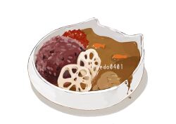  black_rice_(food) bowl cat cat-shaped_bowl commentary_request curry curry_rice food food_focus hakuchizu no_humans original paw_print rice simple_background undersized_animal white_background 