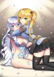  2girls arms_around_neck black_legwear blonde_hair blue_eyes blush breasts briska cherry_blossoms cleavage clothed_navel curly_hair gloves green_eyes hair_between_eyes hair_bobbles hair_intakes hair_ornament hand_on_another&#039;s_stomach hip_bones impossible_clothes kaku-san-sei_million_arthur large_breasts leotard long_hair looking_at_viewer multiple_girls petals pleated_skirt side_ponytail silver_hair simple_background sitting skirt smile sparkle spaulders straight_hair thighhighs very_long_hair yokozuwari zettai_ryouiki 