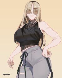 1girl aqua_eyes black_hair black_shirt black_tank_top blonde_hair braid breasts closed_mouth commentary cowboy_shot curtained_hair english_commentary grey_pants halter_shirt halterneck hand_on_own_hip high-waist_pants highres hololive hololive_dev_is koganei_niko large_breasts long_hair looking_at_viewer multicolored_hair navel orange-tinted_eyewear pants pomuya revision round_eyewear see-through_clothes see-through_shirt shirt side_braid simple_background sleeveless sleeveless_shirt solo straight_hair streaked_hair sunglasses sweatpants tank_top tinted_eyewear torn_clothes torn_pants virtual_youtuber yellow_background 