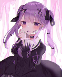  1girl black_dress character_hair_ornament dress gauze gauze_on_cheek hair_ornament hair_ribbon hand_up hayu_(hayu0305) kuromi long_hair long_sleeves looking_at_viewer onegai_my_melody original purple_hair ribbon sanrio twintails upper_body violet_eyes x_hair_ornament 