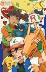  3boys absurdres ash_ketchum black_gloves black_hair black_shirt brock_(pokemon) brown_hair brown_pants charizard closed_eyes dark-skinned_male dark_skin gloves grid_background hat heart highres holding holding_pokemon james_(pokemon) makoto_(majime_5416) male_focus multiple_boys on_shoulder open_mouth orange_shirt pants pikachu pineco pokemon pokemon_(anime) pokemon_(classic_anime) pokemon_(creature) pokemon_on_shoulder shirt victreebel white_pants 