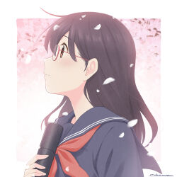  1girl aikawa_(hira1126) black_hair blue_sailor_collar blue_shirt blush border brown_eyes cherry_blossoms commentary_request from_side glass holding long_hair looking_ahead neckerchief original outdoors parted_lips red-framed_eyewear red_neckerchief sailor_collar shirt signature solo upper_body white_border 