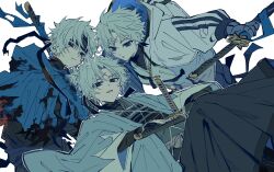  aqua_haori arm_guards armor_under_clothes bandaged_arm bandaged_neck bandaged_torso bandages bandana black_bandages black_hakama black_headband black_kimono blue_eyes blue_jacket burnt_clothes cloak earrings fate/grand_order fate_(series) grey_pants hair_ribbon hakama haori headband highres holding holding_sword holding_weapon hood hooded_jacket jacket japanese_clothes jewelry kimono looking_at_viewer multicolored_jacket multiple_persona pants ponytail prosthesis prosthetic_arm ribbon scar scar_on_face scar_on_forehead sheath sheathed shirt single_earring sword toramaru_(696anna) torn_cloak torn_clothes toudou_heisuke_(fate) toudou_heisuke_(second_ascension)_(fate) toudou_heisuke_(third_ascension)_(fate) triple_vertical_stripe turtleneck two-tone_jacket v-neck weapon white_hair white_jacket white_shirt 