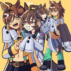  2girls absurdres agnes_tachyon_(tach-nology)_(umamusume) agnes_tachyon_(umamusume) ahoge animal_ears bandeau belt black_pantyhose blush bobamiruku braid breasts brown_belt brown_hair carrying carrying_person chemical_structure closed_mouth coat cork ear_ornament earrings frown green_socks hair_between_eyes hair_ornament hairclip half_up_braid half_up_half_down_braid heart highres holding holding_test_tube horse_ears horse_girl horse_tail huge_ahoge jacket jewelry jungle_pocket_(champion's_battle_cry)_(umamusume) jungle_pocket_(umamusume) lab_coat long_sleeves medium_hair midriff multiple_girls navel necktie notched_ear open_clothes open_mouth pantyhose princess_carry red_eyes shirt shoes short_hair short_necktie single_earring skirt sleeves_past_fingers sleeves_past_wrists smile socks sweatdrop sweater sweater_vest tail test_tube umamusume white_coat yellow_eyes yellow_jacket yellow_sweater yellow_sweater_vest yuri 