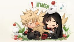  ! 1boy 1girl 4k1030 absurdres armor baggy_pants bird black_gloves black_hair black_pants black_skirt black_thighhighs blonde_hair blue_eyes boots chocobo closed_eyes cloud_strife crop_top earrings final_fantasy final_fantasy_vii final_fantasy_vii_rebirth final_fantasy_vii_remake fingerless_gloves full_body gloves highres jewelry knees_up long_hair looking_at_another miniskirt moogle motion_lines mushroom musical_note on_head one_eye_closed open_mouth pants red_boots short_hair shoulder_armor single_arm_guard single_bare_shoulder single_earring sitting skirt sleeveless sleeveless_turtleneck spiky_hair spoken_exclamation_mark spoken_musical_note sweater tank_top teardrop_earrings thigh-highs tifa_lockhart turtleneck turtleneck_sweater twitter_username white_tank_top 