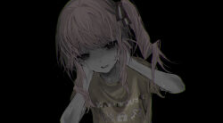  1other absurdres akiyama_mizuki black_background covering_own_ears crying crying_with_eyes_open hayu_(hayu0305) highres keikyoku_no_machi_wa_doko_e_(project_sekai) long_hair one_side_up pink_hair project_sekai ribbon shirt simple_background solo t-shirt tears upper_body yellow_shirt 