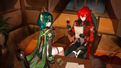  1boy 1girl black_cat black_gloves black_pants bottle cat chair closed_mouth coat coin commentary_request crossed_bangs cup diluc_(genshin_impact) diluc_(red_dead_of_night)_(genshin_impact) drinking_glass finger_claws genshin_impact gloves green_hair headpiece highres holding holding_cup holding_paper indoors long_hair maria_(maria_rose) mark_under_eye nefer_(genshin_impact) night on_table pants paper plant ponytail red_coat red_eyes red_hair second-party_source sitting spread_legs table thigh_strap vision_(genshin_impact) window wine_bottle wine_glass 