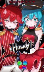  2girls :i absurdres alternate_costume belt black_background black_belt black_hat black_shoes blue_eyes blue_hair breasts bright_pupils buttons candy candycookiechocolate_(vocaloid) cowboy_shot disgust double-breasted double-parted_bangs food hair_between_eyes hat hatsune_miku highres kasane_teto large_breasts military_uniform multiple_girls nora_n_k22 pants pinstripe_pattern pleated_skirt pout red_background red_hair red_skirt shako_cap shirt shoes shoulder_boards skirt utau vocaloid white_pants white_pupils 