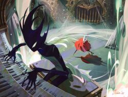  1girl 1other arthropod_girl black_eyes black_hair black_skin blank_eyes boss_fight cloak colored_skin dress floating_hair frozensoba grey_dress highres holding holding_weapon hollow_eyes hollow_knight hollow_knight:_silksong horned_mask hornet_(hollow_knight) horns in-universe_location instrument looking_at_another mask music needle_(hollow_knight) organ_(instrument) phantom_(hollow_knight) piano_bench pin_(hollow_knight) pipe_organ playing_instrument red_cloak standing unworn_mask wavy_hair weapon white_eyes white_mask 