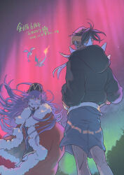  2boys aurora black_hat black_hoodie cape champion_uniform charizard commentary_request facial_hair fiz_breakfast floating_hair flygon from_below fur-trimmed_cape fur_trim grin hat headband highres hood hood_down hoodie leon_(pokemon) long_hair male_focus multiple_boys orange_headband outdoors pokemon pokemon_(creature) pokemon_swsh purple_hair raihan_(pokemon) red_cape shirt shorts smile teeth yellow_eyes 