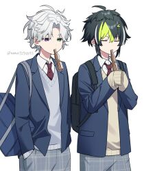  2boys ahoge backpack bag blazer blue_jacket closed_eyes collared_shirt commentary_request food_in_mouth green_eyes green_hair grey_hair grey_pants grey_vest hand_in_pocket heterochromia highres inami_rai jacket madtown_gta male_focus multicolored_hair multiple_boys murakumo_kagetsu murakumo_kagetsu_(3rd_costume) nana72710193 pants plaid_clothes plaid_pants school_bag school_uniform shirt short_hair simple_background sleeves_past_fingers sleeves_past_wrists streaked_hair sweater_vest twitter_username vest violet_eyes virtual_youtuber white_background white_shirt yellow_vest 
