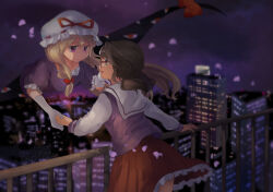  2girls brown_hair building cherry_blossoms city cityscape falling_petals feet_out_of_frame frilled_skirt frills gap_(touhou) glasses handrail hat medium_hair mob_cap multiple_girls night night_sky no_headwear official_alternate_costume petals purple_serafuku red_skirt sailor_collar school_uniform serafuku shukinuko skirt sky touhou upper_body usami_sumireko white_sleeves yakumo_yukari 