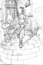  1boy ankle_socks archived_source artist_request back_alley backwards_hat baseball_cap basketball_hoop bottle brick_floor building character_request city commentary_request crescent_moon drainpipe fisheye full_body graffiti greyscale grin hat jacket korean_commentary looking_at_viewer lucky_glauber monochrome moon night outdoors pencil_skirt perspective rock running running_towards_viewer shadow shoes short_sleeves shorts skirt sleeves_rolled_up smile snk socks solo_focus sportswear stairs teeth the_king_of_fighters trash trash_can urban v-shaped_eyebrows vanishing_point wristband 