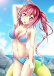  1girl arm_up armpits bikini blush breasts cleavage clouds hair_ribbon i-168_(kantai_collection) innertube kantai_collection long_hair looking_at_viewer navel personification ponytail red_eyes redhead ribbon sky solo swimsuit uninigumi 
