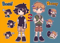  2boys :> animal antenna_hair arrow_(symbol) basil_(faraway)_(omori) basil_(omori) black_eyes black_hair black_shoes black_sweater_vest blonde_hair blue_background blue_eyes blush book bright_pupils brown_shorts camera cat character_name chibi closed_mouth collared_shirt cosplay costume_switch double-parted_bangs eighth_note eye_color_switch flower flower_pot food fork goodluck_4444 green_sweater_vest hair_between_eyes hair_color_switch hair_flower hair_ornament heart highres holding holding_animal holding_book holding_camera holding_cat holding_fork holding_knife holding_watering_can knife looking_at_viewer male_focus mewo multiple_boys musical_note omori orange_background photo_(object) plant plate potted_plant shirt shoes short_hair short_sleeves shorts sleeping smile socks something_(omori) speech_bubble spoken_musical_note spoken_thumbs_up steak sunny_(omori) sweatdrop sweater_vest tulip two-tone_background watering_can white_flower white_pupils white_shirt white_socks white_tulip zzz 