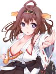  1girl ahoge breasts brown_hair cleavage detached_sleeves headgear japanese_clothes kantai_collection kongou_(kantai_collection) large_breasts long_hair outstretched_hand ru-ji skirt solo violet_eyes wide_sleeves 
