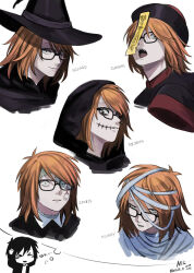  2boys black_eyes cosplay eyeball fangs frankenstein's_monster frankenstein's_monster_(cosplay) glasses halloween halloween_costume hat highres imagining jiangshi_costume looking_at_viewer male_focus multiple_boys multiple_views mummy_costume nil_(pixiv_53614557) ofuda ofuda_on_head orange_hair portrait randal's_friends randal_ivory short_hair speech_bubble thought_bubble tsukada_satoru witch witch_hat 