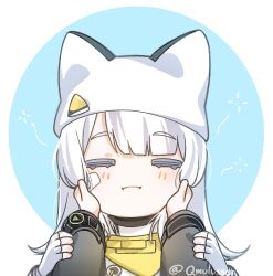  1girl 1other :i animal_hat arknights arknights:_endfield artist_name bandaid bandaid_on_cheek bandaid_on_face blue_background blush cat_hat chibi closed_mouth cumulussen endministrator_(arknights) estella_(arknights) fingerless_gloves gloves hands_on_another's_cheeks hands_on_another's_face hat highres long_hair long_sleeves pov solo_focus twitter_username two-tone_background white_background white_gloves white_hair white_hat 